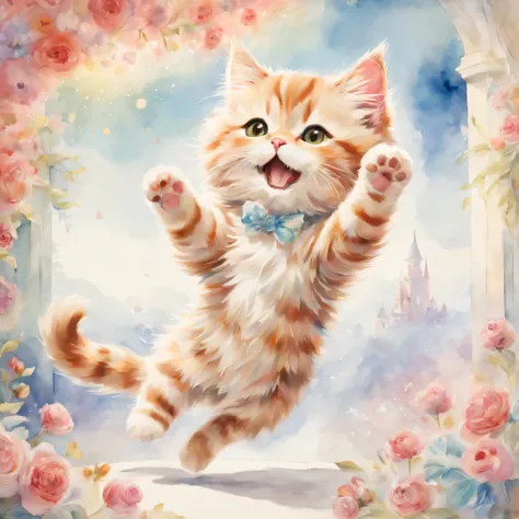 ((cat playing)),dance,raise a hand,jump,open your mouth,indoor,masterpiece,highest quality,fluffy cat,Little,cute,Futebutesi,fun,happiness,,Fashionable scenery,glitter effect,celebration,anatomically correct,All the best,最高にcute猫,cute猫，,fantasy,randolph ca...