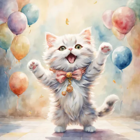 ((cat playing)),dance,raise a hand,jump,open your mouth,indoor,masterpiece,highest quality,fluffy cat,Little,cute,Futebutesi,fun,happiness,,Fashionable scenery,glitter effect,celebration,anatomically correct,All the best,最高にcute猫,cute猫，,fantasy,randolph ca...