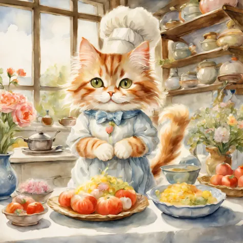 Anthropomorphic cat,((cat cooking)),kitchen,masterpiece,highest quality,fluffy cat,Little,cute,Futebutesi,fun,happiness,,flower hair ornament,,Fashionable scenery,anatomically correct,All the best,,small pussy,cute猫，,fantasy,randolph caldecott style,enligh...