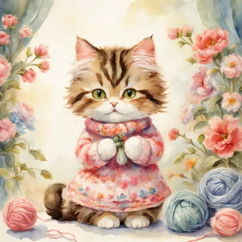 ((cat knitting)),,masterpiece,highest quality,fluffy cat,Little,cute,Futebutesi,fun,happiness,,flower hair ornament,,Fashionable scenery,anatomically correct,All the best,,small pussy,cute猫，,fantasy,randolph caldecott style,enlightenment,watercolor paintin...
