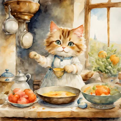 Anthropomorphic cat,((cat cooking)),kitchen,masterpiece,highest quality,fluffy cat,Little,cute,Futebutesi,fun,happiness,,,Fashionable scenery,anatomically correct,All the best,,small pussy,cute猫，,fantasy,randolph caldecott style,enlightenment,watercolor pa...