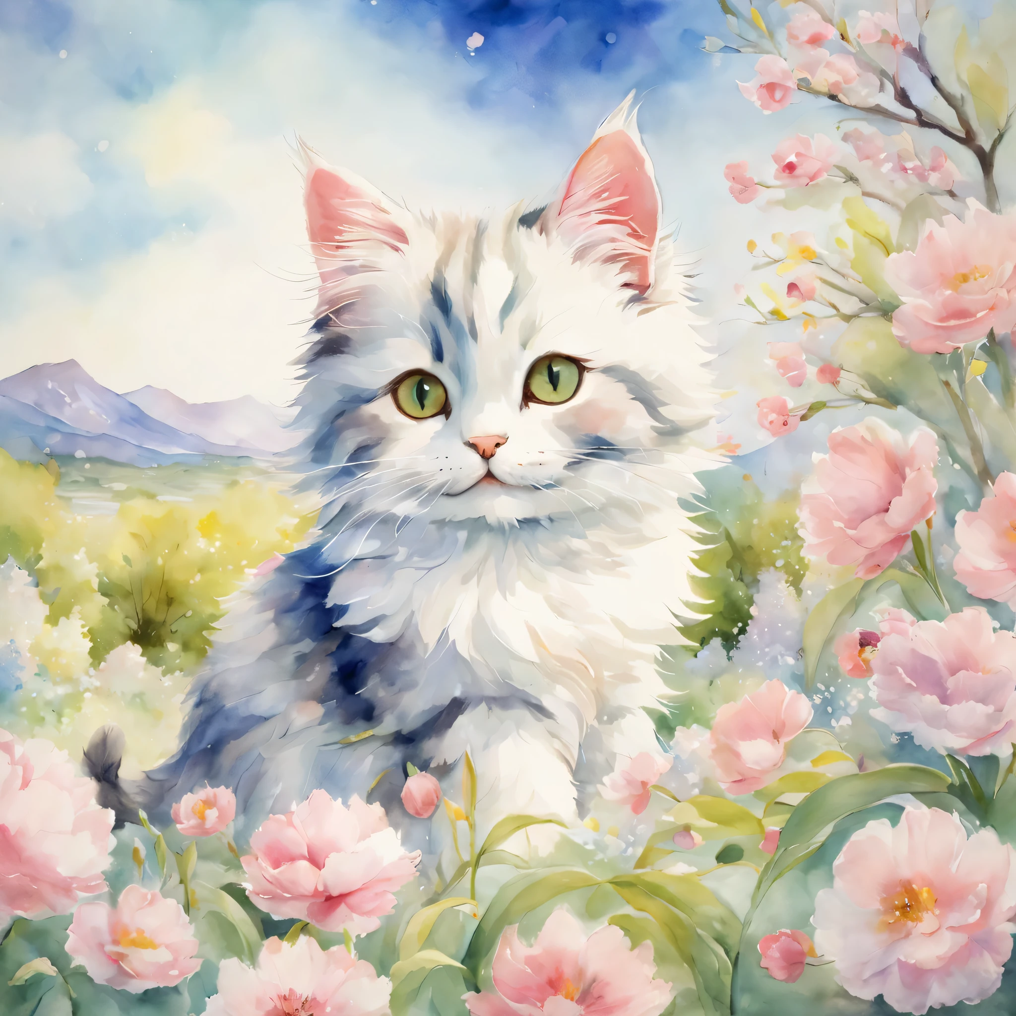 ((Кот радуется весне)),весенние цветы,шедевр,высшее качество,пушистый кот,маленький,милый,Футебутеси,веселье,счастье,,Модные декорации,Анатомически правильный,Всего наилучшего,最高にмилый猫,милый猫，,фантазия,стиль Рэндольфа Калдекотта,Просвещение,акварельная живопись,нежные оттенки