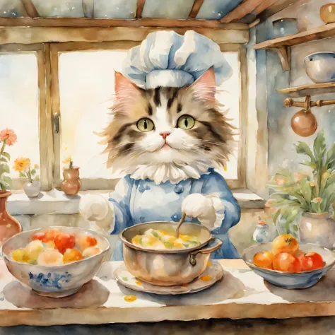Anthropomorphic cat,((cat cooking)),kitchen,masterpiece,highest quality,fluffy cat,Little,cute,Futebutesi,fun,happiness,,flower hair ornament,,Fashionable scenery,anatomically correct,All the best,,small pussy,cute猫，,fantasy,randolph caldecott style,enligh...