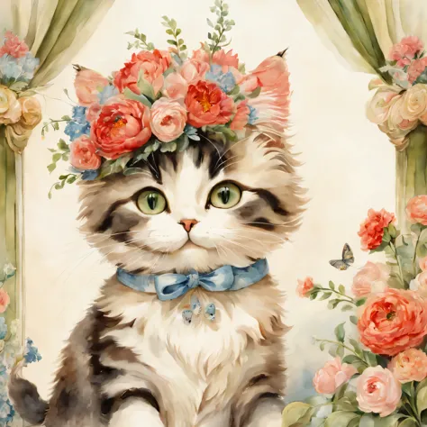 relationship with cats,((cat couple with bouquet)),masterpiece,highest quality,fluffy cat,Little,cute,Futebutesi,fun,happiness,,flower hair ornament,,Fashionable scenery,anatomically correct,All the best,,small pussy,cute猫，,fantasy,randolph caldecott style...