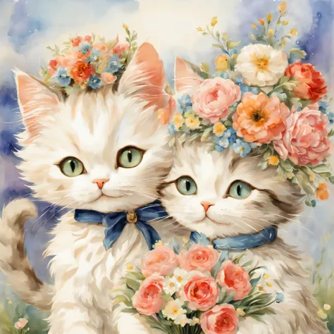 relationship with cats,((cat couple with bouquet)),masterpiece,highest quality,fluffy cat,Little,cute,Futebutesi,fun,happiness,,flower hair ornament,,Fashionable scenery,anatomically correct,All the best,,small pussy,cute猫，,fantasy,randolph caldecott style...
