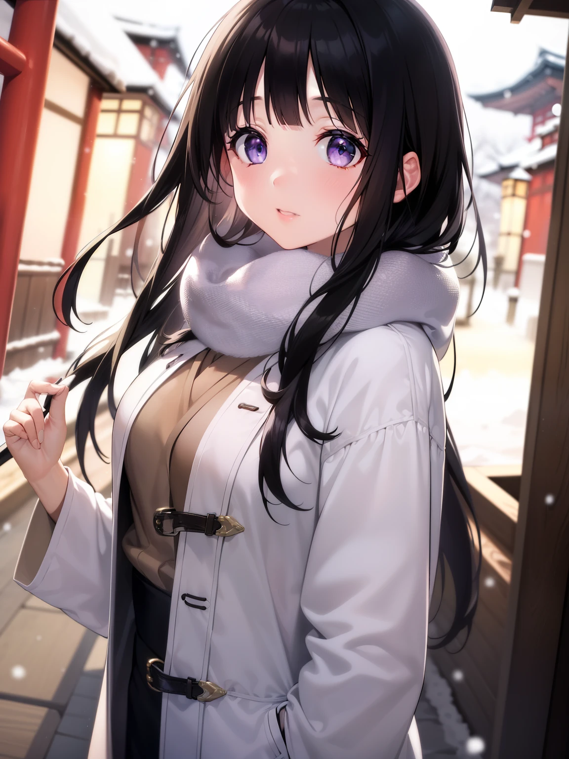 (A superb exquisite Chitanda Eru), (mature face), purple eyes, long black hair, natural straight hair, straight bangs, solo, [Small_breasts: large_breasts: 0.5], normal breasts, (((longcoat, muffler, winter temple, japan))), extremely delicate, peerless beautiful girl, dreamy quality, exaggerated facial features, solid color, delicate face, bright lips, slender waist, straight curves, soft lights and shadows, super fine, 8K HD, (masterpiece:1.4), (finely detailed beautiful eyes: 1.2)