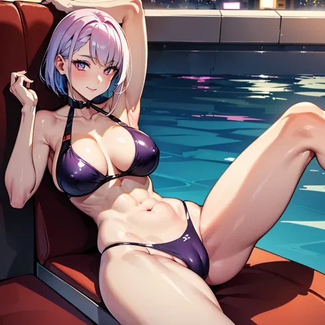 (((1girl) ,pale skin, Masterpiece, ultra quality)), purple short hair, red eyes, posing to pictures, muscle body,strong body, bikini,  oiled body, smiling, on pool