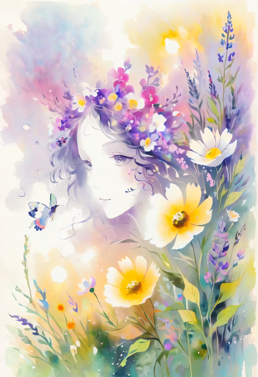 pastel tones，Light style，cozy calm，nature，warm and comfortable，garden，This watercolor floral painting shows a beautiful scene of wildflowers and lavender in a field。The screen is dominated by a white background，Highlights the bright colors of flowers。Use splatter techniques，Reproduces the humid atmosphere。Abstract compositions blend with surreal elements，Create a unique visual effect。Light tones、Lilac and light green color scheme，and high-resolution details，Shows the vitality and vitality of flowers。The ink splash effect adds to the dynamics of the picture.。In general，This painting is painted in pale tones，Presenting a beautiful watercolor flower painting。