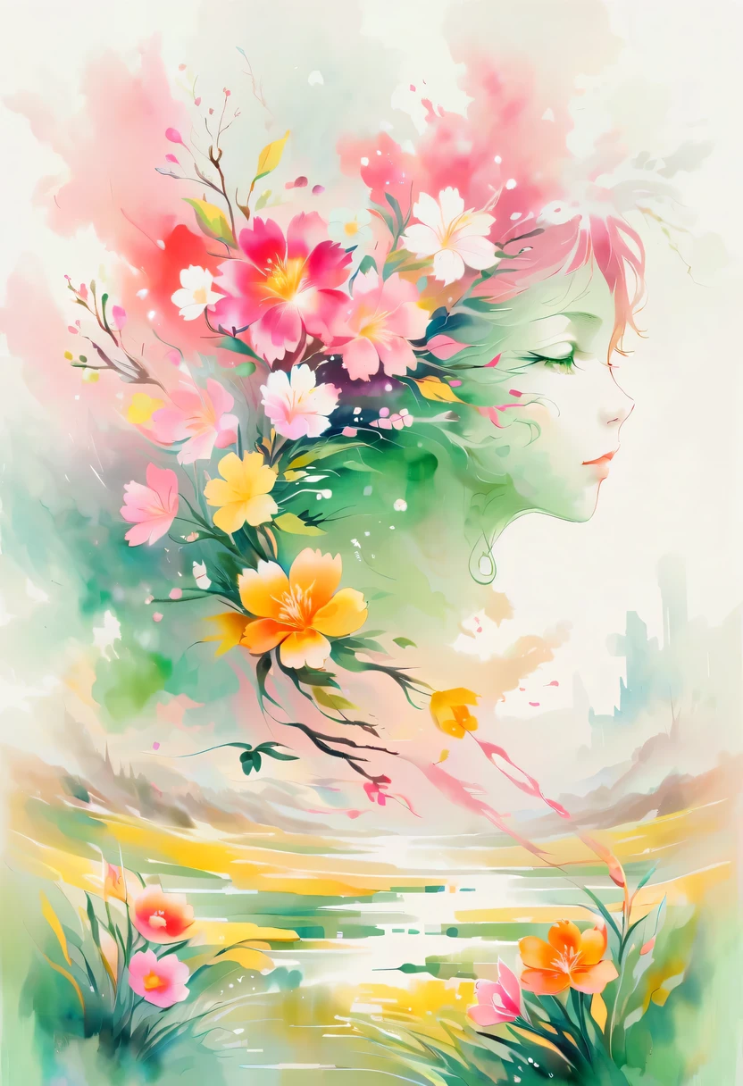 Soft tones，Elegant style，Comfortable and quiet，nature，Warm and comfortable，garden，This watercolor flower painting shows an elegant and fresh visual effect。Wild flowers and peach blossoms intertwined in the fields，Forming the perfect combination of nature and romance。The screen is dominated by a white background，Highlight isolated watercolor flower。Splash technology recreates wet conditions，The atmosphere seems vague and dreamy。Unique compositions and abstract representation add to the artistic feel of the picture，Contains elements of surrealism。The overall color tone is mainly light tones，Pale pink and green complement each other，Reveal high-resolution details。The ink splash effect adds a touch of agility to the picture，The pale color gives the flowers a deep and restrained beauty.。