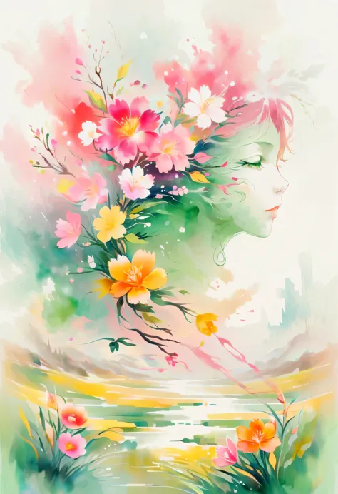 柔和色调，淡雅风格，舒适宁静，自然，温馨舒适，花园，This watercolor flower painting shows an elegant and fresh visual effect。Wild flowers and peach blosso...