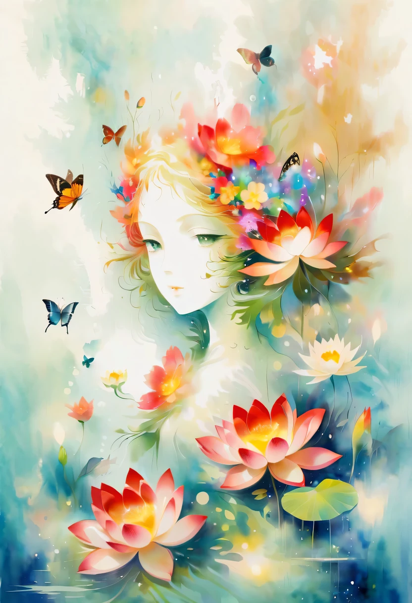 tonos pastel，Estilo elegante，Cómodo y tranquilo，naturaleza，Cálido y confortable，sode，Esta pintura abstracta de flores en acuarela muestra un efecto visual ligero y refrescante.。Flores de loto y mariposas entrelazadas en el lago.，Formando la combinación perfecta de naturaleza y romance.。La pantalla está dominada por un fondo blanco.，Resalte la flor de acuarela aislada。La tecnología Splash recrea las condiciones húmedas，La atmósfera parece vaga y soñadora.。Las composiciones únicas y las representaciones abstractas añaden un toque artístico a la imagen.，Contiene elementos del surrealismo.。El tono de color general es principalmente tonos claros.，El rojo y el dorado se complementan，Revele detalles de alta resolución。El efecto de salpicadura de tinta añade un toque de agilidad a la imagen.，El color pálido confiere a las flores una belleza profunda y sobria..
