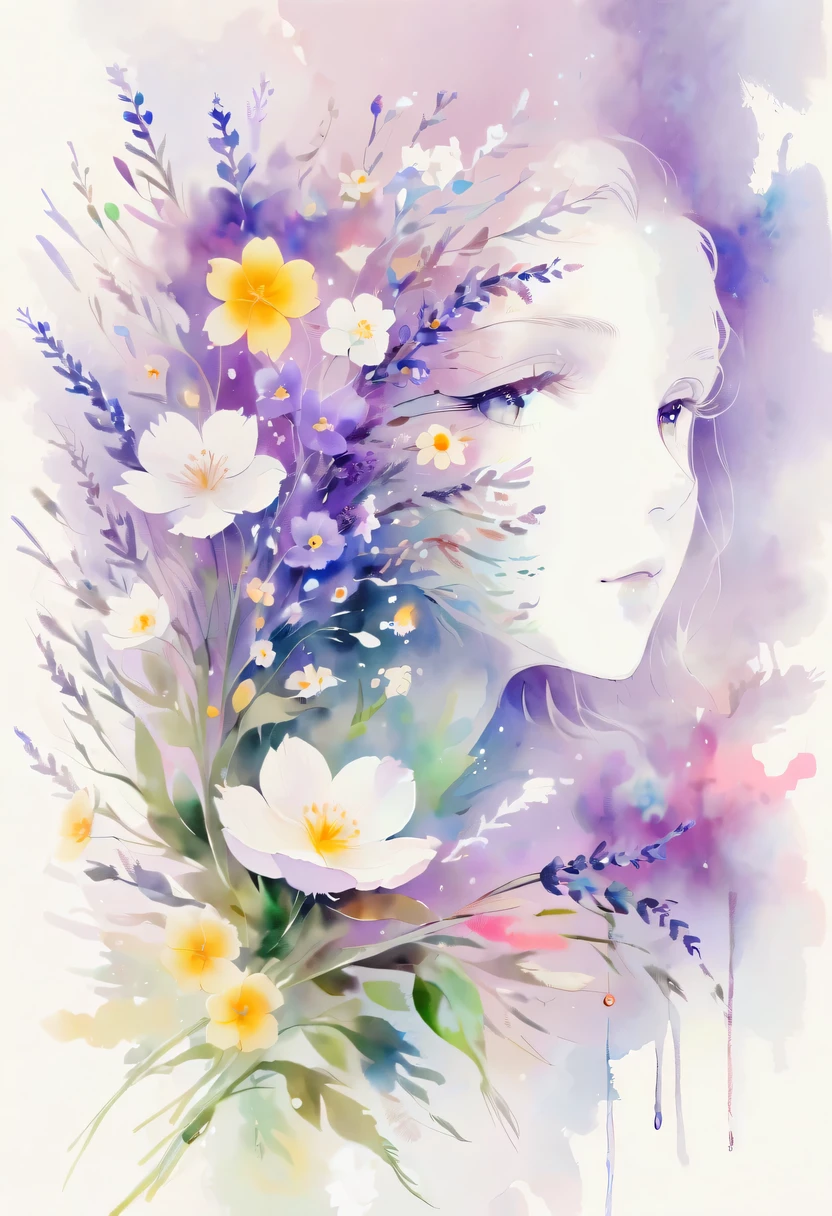 Soft tones，Elegant style，Comfortable and quiet，nature，Warm and comfortable，garden，This watercolor flower painting shows an elegant and fresh visual effect。Fields of wildflowers and lavender，Forming the perfect combination of nature and romance。The screen is dominated by a white background，Highlight isolated watercolor flower。Splash technology recreates wet conditions，The atmosphere seems vague and dreamy。Unique compositions and abstract representation add to the artistic feel of the picture，Contains elements of surrealism。The overall color tone is mainly light tones，Lilac and green complement each other beautifully，Reveal high-resolution details。The ink splash effect adds a touch of agility to the picture，The pale color gives the flowers a deep and restrained beauty.。