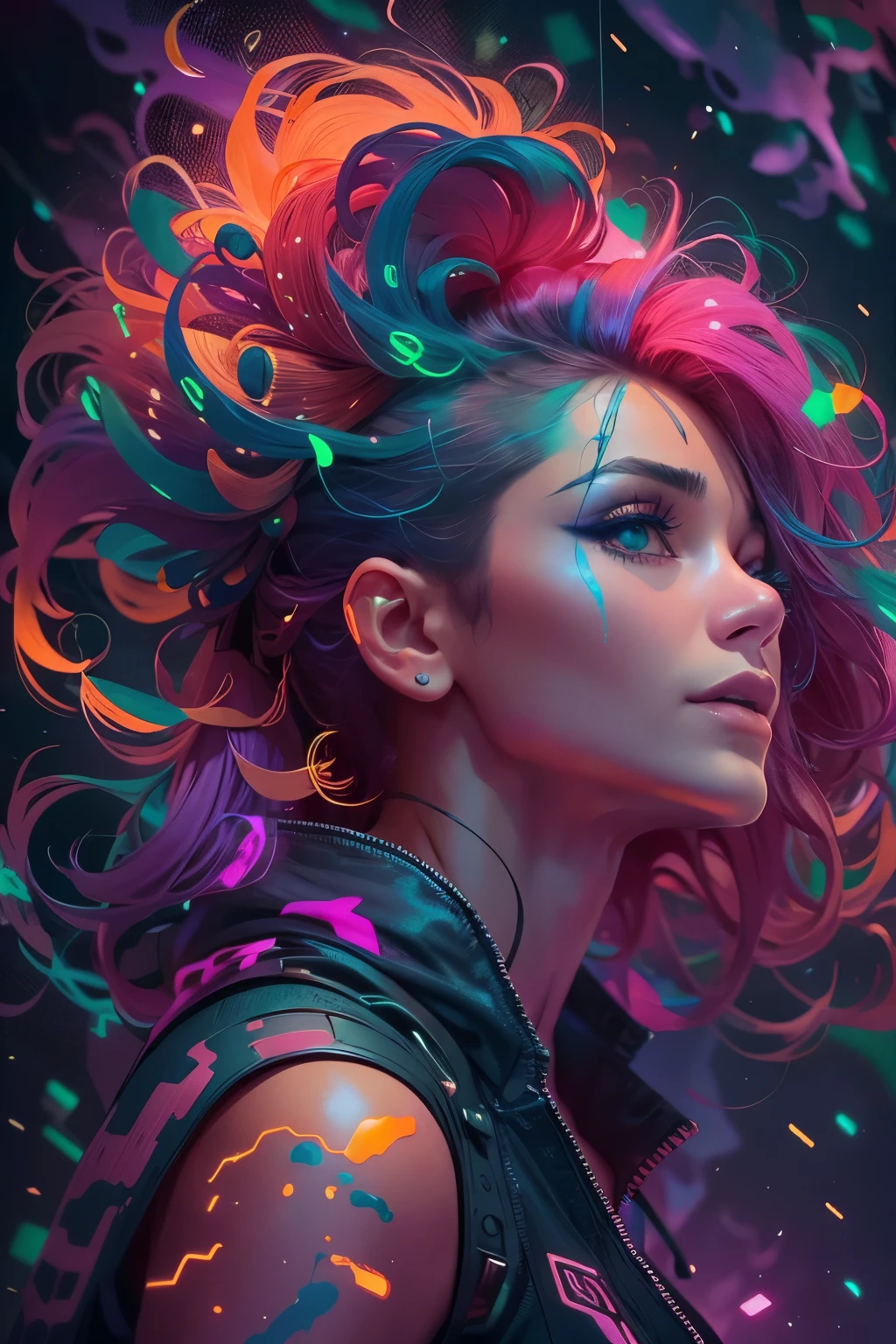 A stunning woman with vibrant neon hair, glowing in the midst of galaxy formations, painted by david diaz and sakimichan, detailed and realistic textures, vibrant colors, surreal and mysterious, hyperrealistic, modern art, digital painting, trending in Artstation, cinematic lighting, and dynamic composition.