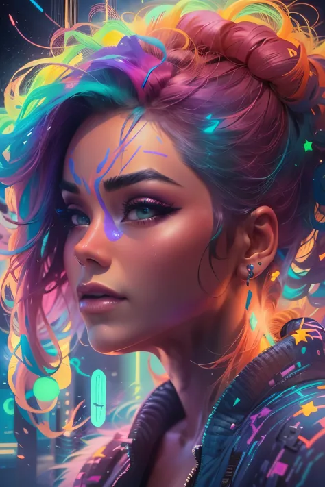 A stunning woman with vibrant neon hair, glowing in the midst of galaxy formations, painted by david diaz and sakimichan, detail...