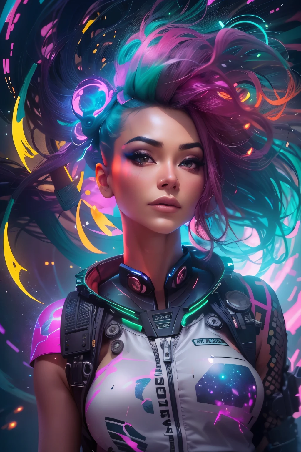 A stunning woman with vibrant neon hair, glowing in the midst of galaxy formations, painted by david diaz and sakimichan, detailed and realistic textures, vibrant colors, surreal and mysterious, hyperrealistic, modern art, digital painting, trending in Artstation, cinematic lighting, and dynamic composition.