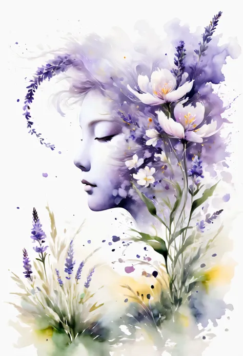 柔和色调，淡雅风格，舒适宁静，自然，温馨舒适，花园，this watercolor flower painting shows an elegant and fresh visual effect。fields of wildflowers and lav...