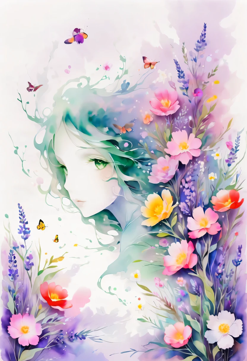 柔和色调，淡雅风格，舒适宁静，自然，温馨舒适，花园，This watercolor flower painting shows an elegant and fresh visual effect。Fields of wildflowers and lavender，Forming the perfect combination of nature and romance。The screen is dominated by a white background，Highlight isolated watercolor flower。Splash technology recreates wet conditions，The atmosphere seems vague and dreamy。Unique compositions and abstract representation add to the artistic feel of the picture，Contains elements of surrealism。The overall color tone is mainly light tones，Lilac and green complement each other beautifully，Reveal high-resolution details。The ink splash effect adds a touch of agility to the picture，The pale color gives the flowers a deep and restrained beauty.。