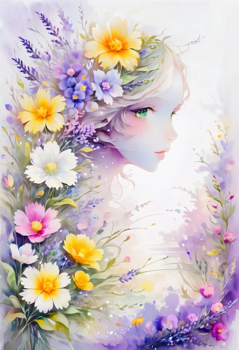 Soft tones，Elegant style，Comfortable and quiet，nature，Warm and comfortable，garden，This watercolor flower painting shows an elegant and fresh visual effect。Fields of wildflowers and lavender，Forming the perfect combination of nature and romance。The screen is dominated by a white background，Highlight isolated watercolor flower。Splash technology recreates wet conditions，The atmosphere seems vague and dreamy。Unique compositions and abstract representation add to the artistic feel of the picture，Contains elements of surrealism。The overall color tone is mainly light tones，Lilac and green complement each other beautifully，Reveal high-resolution details。The ink splash effect adds a touch of agility to the picture，The pale color gives the flowers a deep and restrained beauty.。