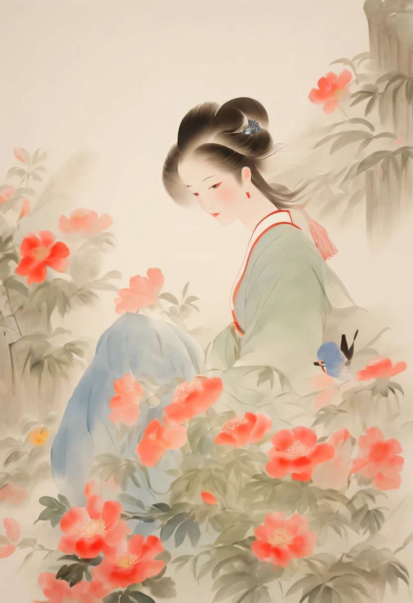 柔和色调，淡雅风格，舒适宁静，自然，温馨舒适，花园，美女，杰作，基本品质，现实地，官方艺术，非常详细，杰作，最好的质量，（非常详细的CG统一8千壁纸），（最好的质量），（最佳插图），（最佳阴影），非常详细的图片，（8千，最好的质量），一个女孩在墙上画了一幅水彩花画， 回过神来, 艺术, 水彩画风格,4K