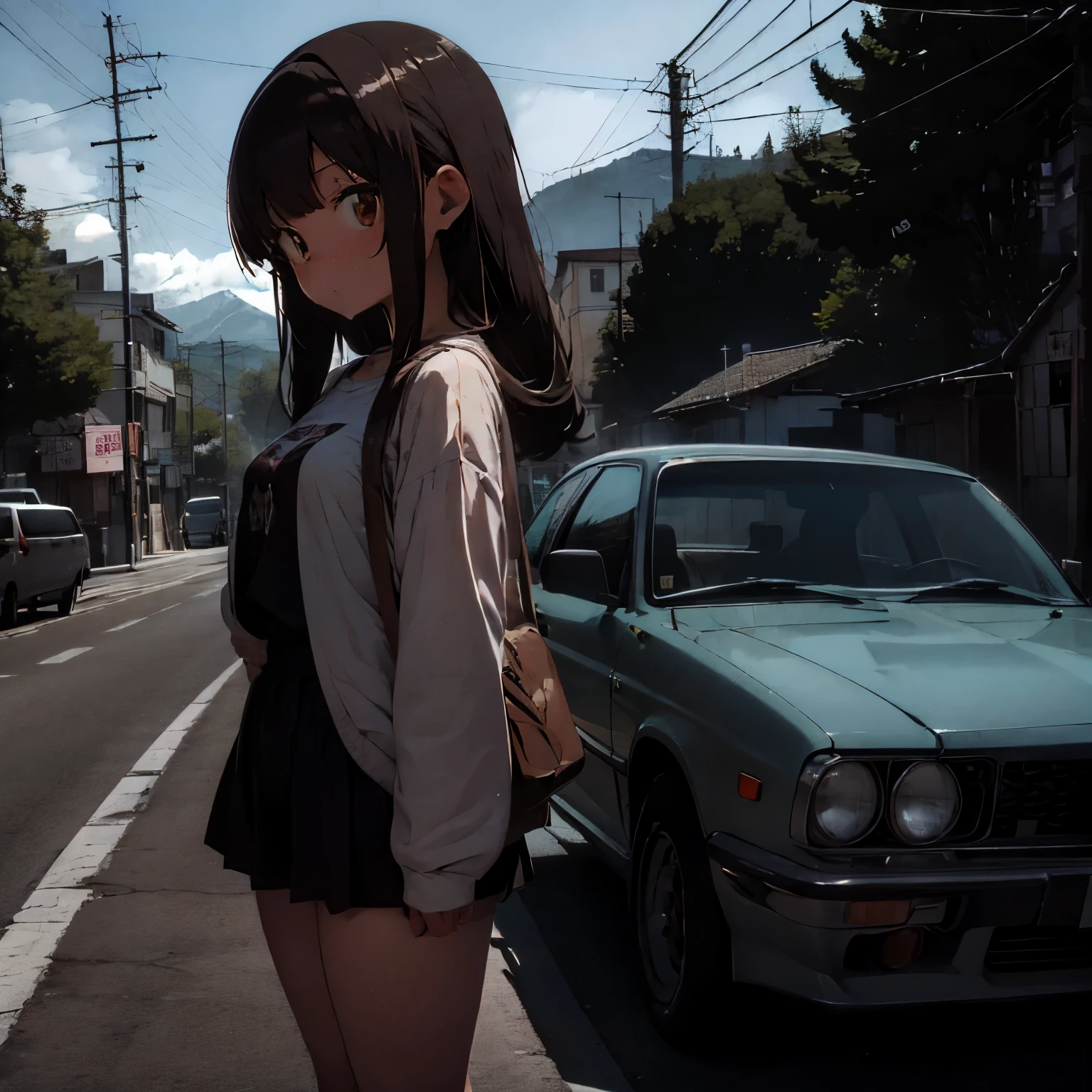 anime style, 1 girl, 16 years old, 159 cm tall, brown long hair, brown eyes, slender body, B cup chest, silver 1973 nissan (KPGC110) in the background, myogi mountain pass, at night