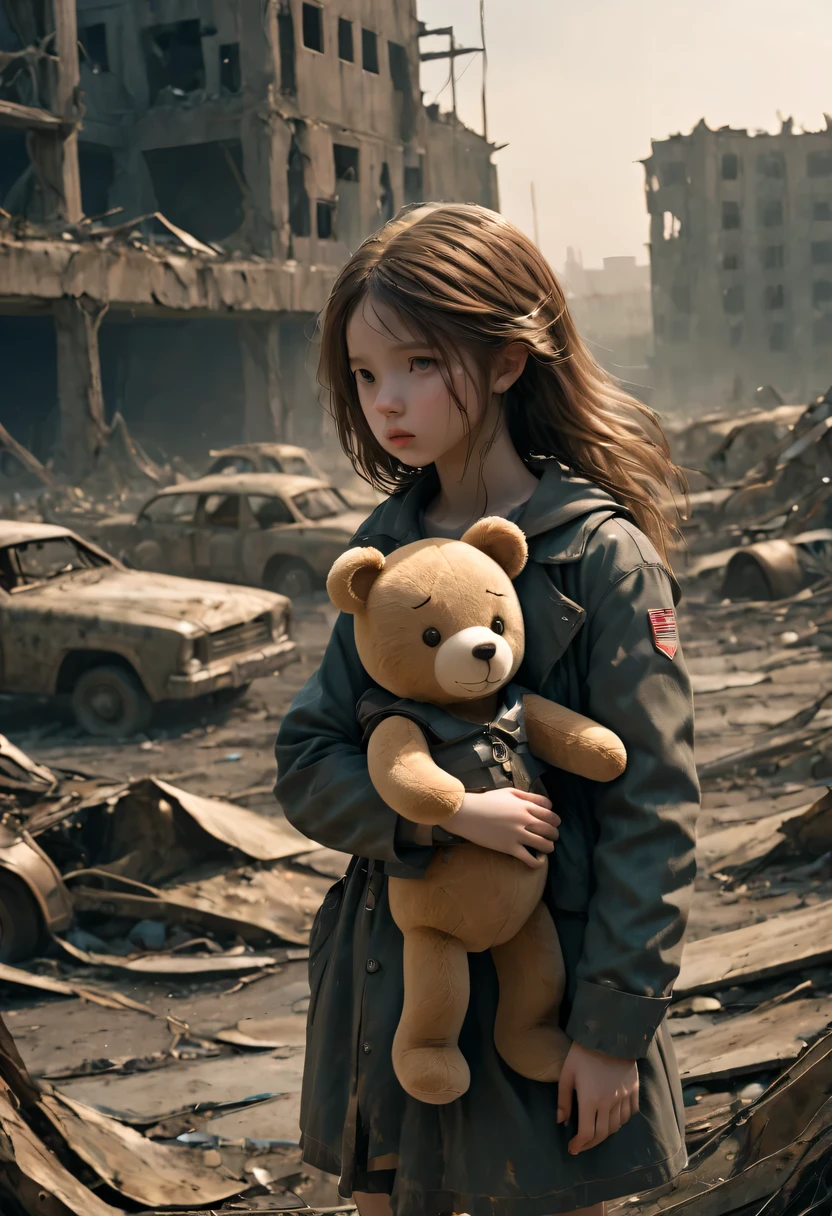 A  girl, Holding a teddy bear, Standing in a nuclear wasteland. The once bustling city is now in ruins, Ruined buildings and abandoned vehicles litter the desolation. Nature has begun to take back territory, Plants growing in cracks in concrete，Vines wrap around the rotting structure. The atmosphere is weird, There is a feeling of loneliness and despair in the air. The scene is bathed in a dark and moody light, Emphasis on post-apocalyptic setting. The girl&#39;s expression reflects her loneliness and the weight of the world she carries on her shoulders. in this heartless world，The teddy bear she held provided her with some comfort. The colors become softer, Features a desaturated and washed out color palette, further enhances the desolate atmosphere of the scene