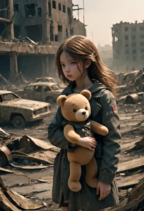 A  girl, Holding a teddy bear, Standing in a nuclear wasteland. The once bustling city is now in ruins, Ruined buildings and aba...