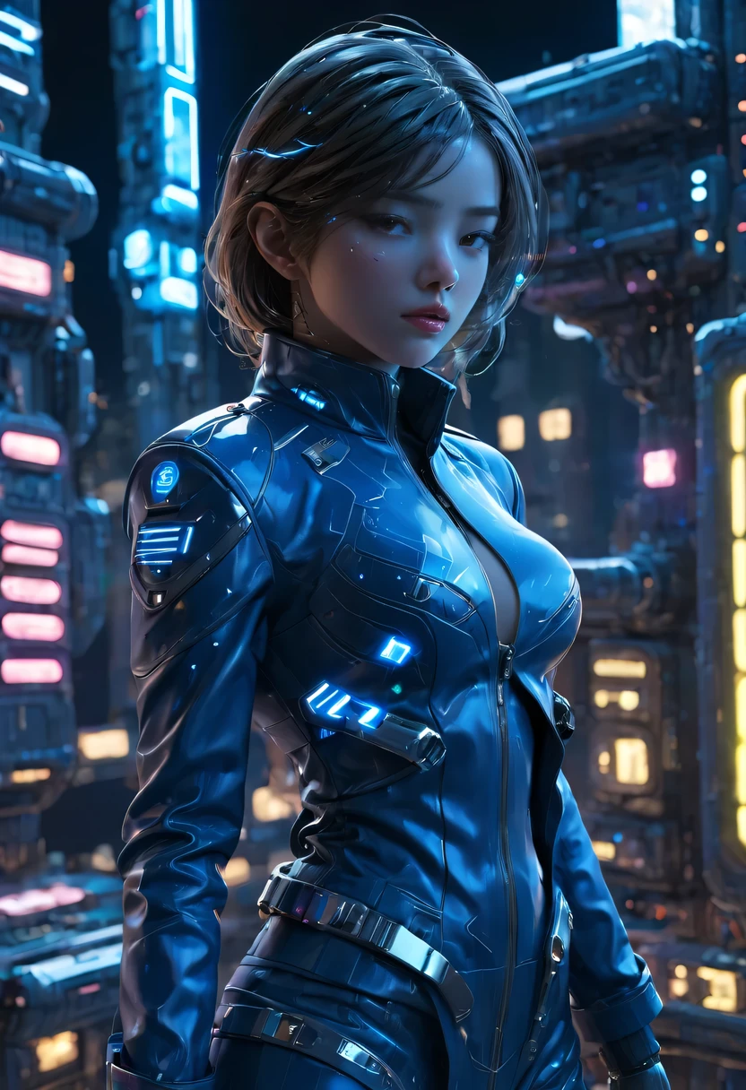 1个girl, Blue leather coat, girl, medium breasts, , Skyscraper night scene neon lights top quality ultra high definition cyberpunk，space station launch base