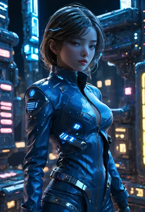 1个girl, Blue leather coat, girl, medium breasts, , Skyscraper night scene neon lights top quality ultra high definition cyberpun...