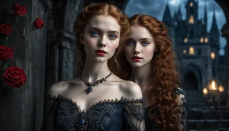 2 girls,two girls as vampire princesses, 18years old, breathtakingly beautiful, curly long redhair (blue eyes high quality, mast...