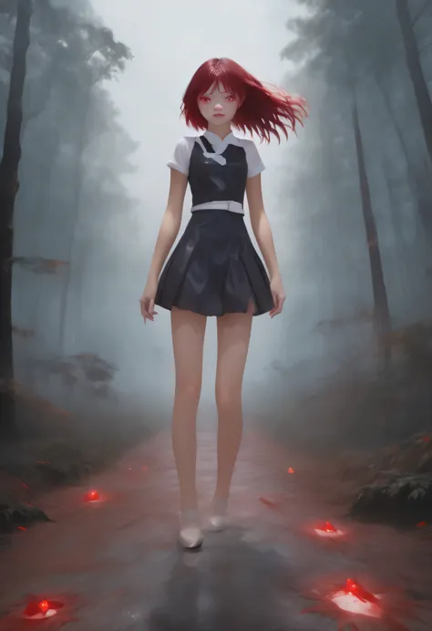 [[clannard style]], [[cute girl with short hair and red bangs]], [[red eyes]], [[gloomy, dark forest background]], [[poor natura...