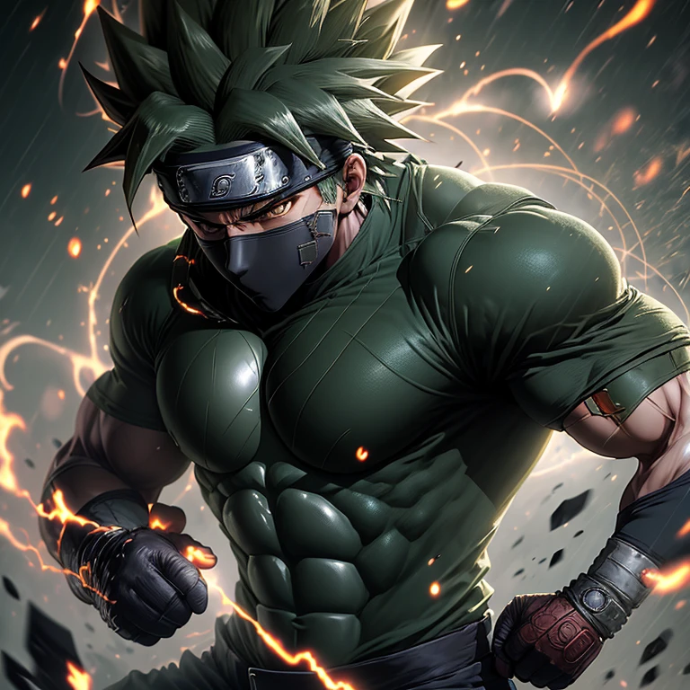 Masterpiece, iconic scene, Goku donning Kakashi Hatake's suit, dynamic pose, best quality, ultra-detailed, realistic, (muscles defined: 1.8), absorbing the viewers' attention, with a piercing gaze, short spiky hair standing out in contrast, sharp eyes reflecting determination, intricately detailed facial features, high resolution, sharp focus, depth of field highlighting the textured fabric and intricate design, (military green color: 1.2), inspiring awe as an iconic Naruto character, inspired by the manga, enhanced details adding to the overall masterpiece.