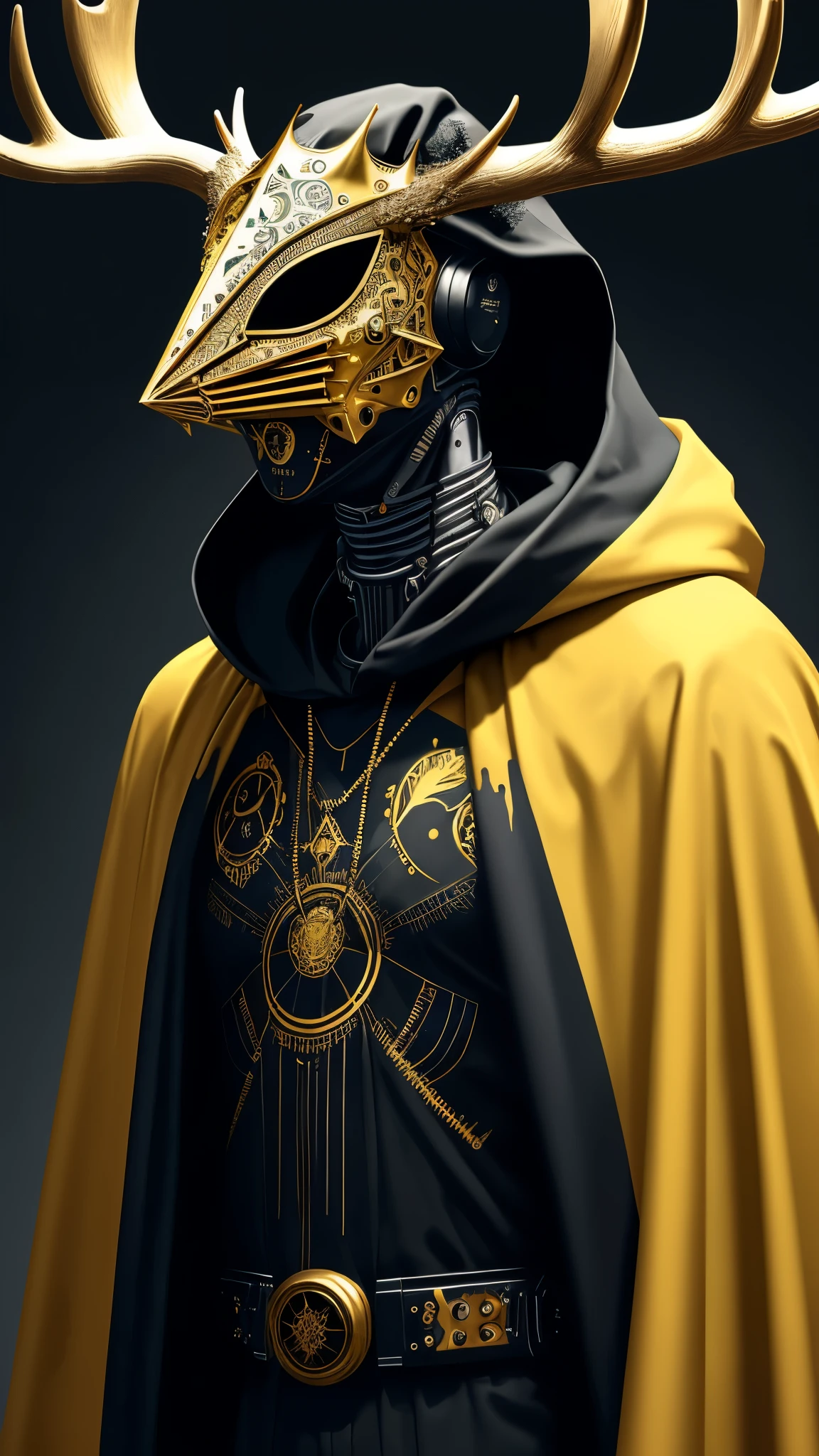 1man, a surreal paint splatter painting of the kinginyellow wearing a cloak and a mask, antlers, crown, cosmic background, gold and white and black color scheme, cybernetic, cyberpunk art, computer art, detailed geometric eyes, (highly detailed skin:1.2), (realistic lighting:1.1), (realistic shadows:1.1), ((best quality)), (detailed), 8k uhd