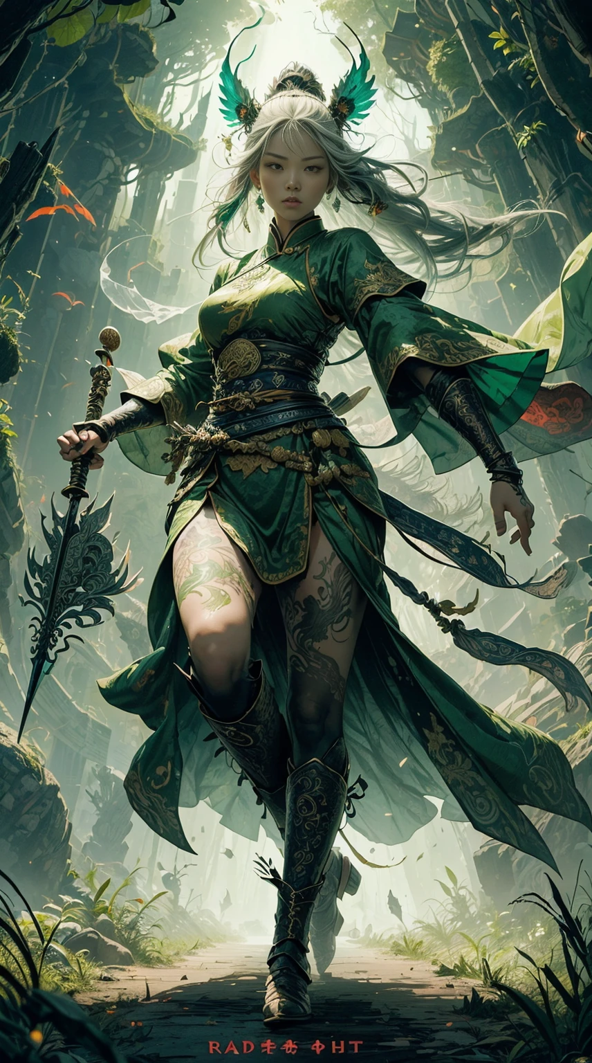 (A Full body Illustration:1.5), high definition|quality|contrast. Magic Fantasy art. a Chinese warrior woman wielding a spear, traditional dress in shades of green, a fenix tattoo on the right leg, in a battle pose, swirl of leaves around. her body emanates an energy of peace and strength that emits white and green colors of peace and strength.This energy that radiates around her protects her against an evil spirit.