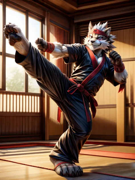 Barefoot Tadatomo, practising in dojo, black ninja outfit, red Headband bandana, long pants with heel grip, nice big feet paws, ...