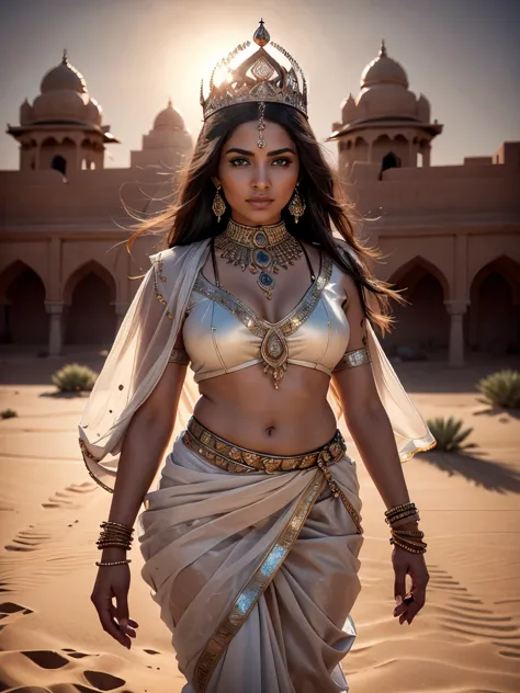 Portrait, a beautiful indian queen, classic, ultra detailed body, ultra detailed face, long pony hair, walking on a desert city ...