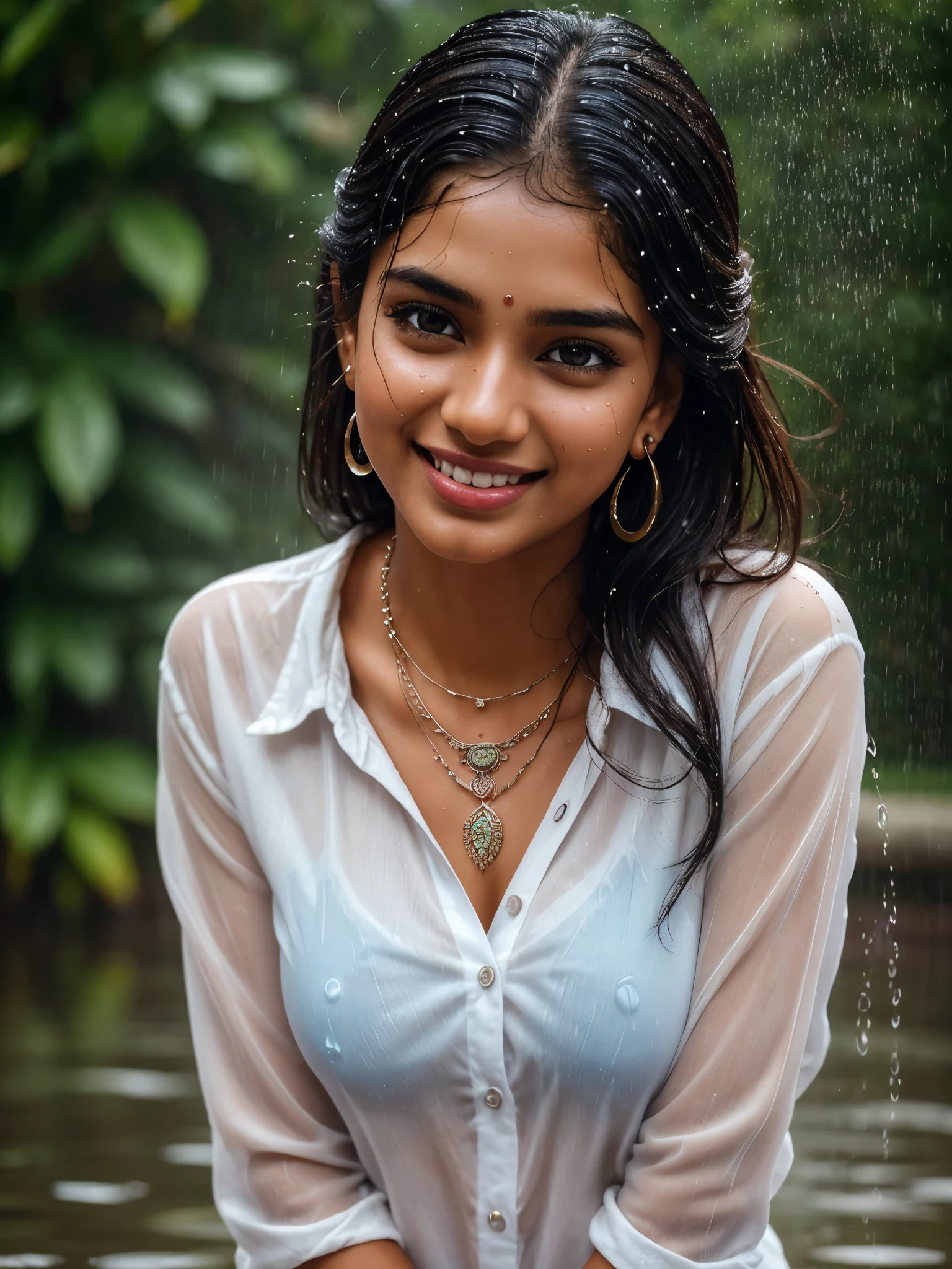 20 years old extremely beautiful brown Tamil girl (white shirt blue jeans), (bangles earrings necklace wrist watch), enjoying in the rain, drenched in rain, facing viewers facing camera, eyes symmetry, face symmetry, (best quality, ultra-detailed:1.6), colorful scene, bright color palette, playful atmosphere, vibrant colors, cute expressions, joyful laughter, raindrop reflections, wet hair, wet clothes, wet body, body reflecting light, back lit, refreshing ambiance, happy face, splashing water, raindrops falling around her, natural lighting, candid moments captured, lively mood, standing in a distance, (intricate detailing:1.6 faces & eyes & ears & nose & lips & skin & 5 fingers & curves & body parts)