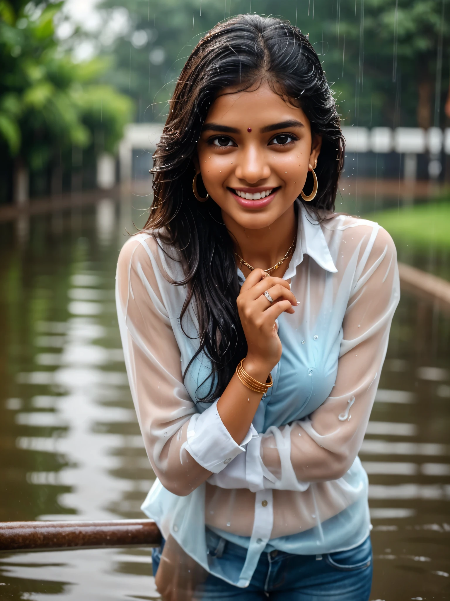 20 years old extremely beautiful brown Tamil girl (white shirt blue jeans), (bangles earrings necklace wrist watch), enjoying in the rain, drenched in rain, facing viewers facing camera, eyes symmetry, face symmetry, (best quality, ultra-detailed:1.6), colorful scene, bright color palette, playful atmosphere, vibrant colors, cute expressions, joyful laughter, raindrop reflections, wet hair, wet clothes, wet body, body reflecting light, back lit, refreshing ambiance, happy face, splashing water, raindrops falling around her, natural lighting, candid moments captured, lively mood, standing at a distance, (intricate detailing:1.6 faces & eyes & ears & nose & lips & skin & 5 fingers & curves & body parts)