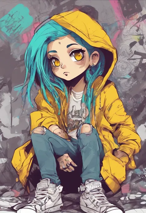 Arafed woman with blue hair sitting on a bed with a yellow jacket - SeaArt  AI