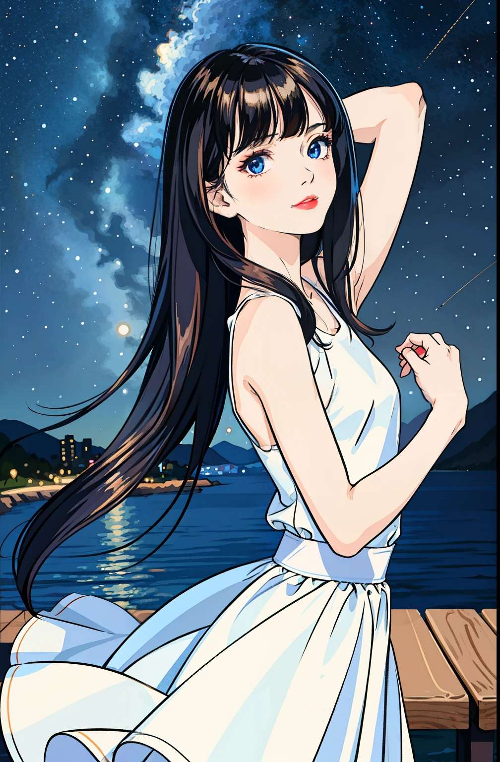 masterpiece, superlative, Petite and delicate, Small breasts and delicate, Red-lipped gaze, enchanting smile, neat and clean clothes, dull bangs, long black hair, night view, bill, meteor, starry sky, night,Run