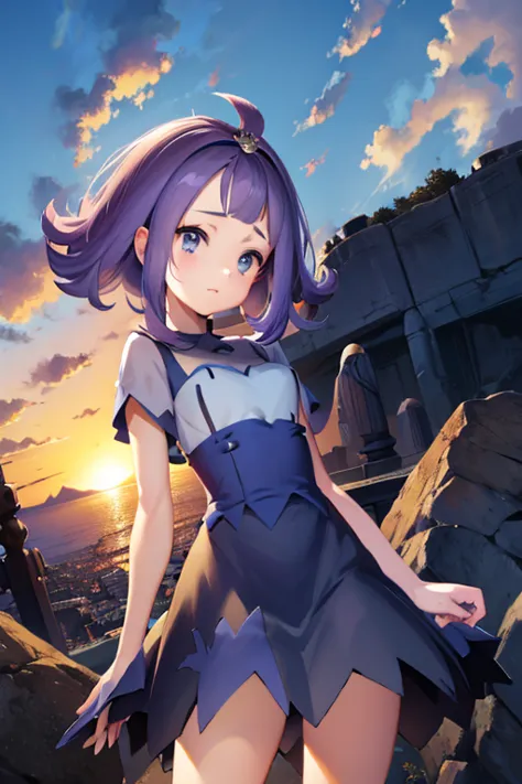 anime girl with purple hair and blue eyes, loli in dress, pokemon anime style, pokemon trainer outfit, detailed fanart, pokemon ...