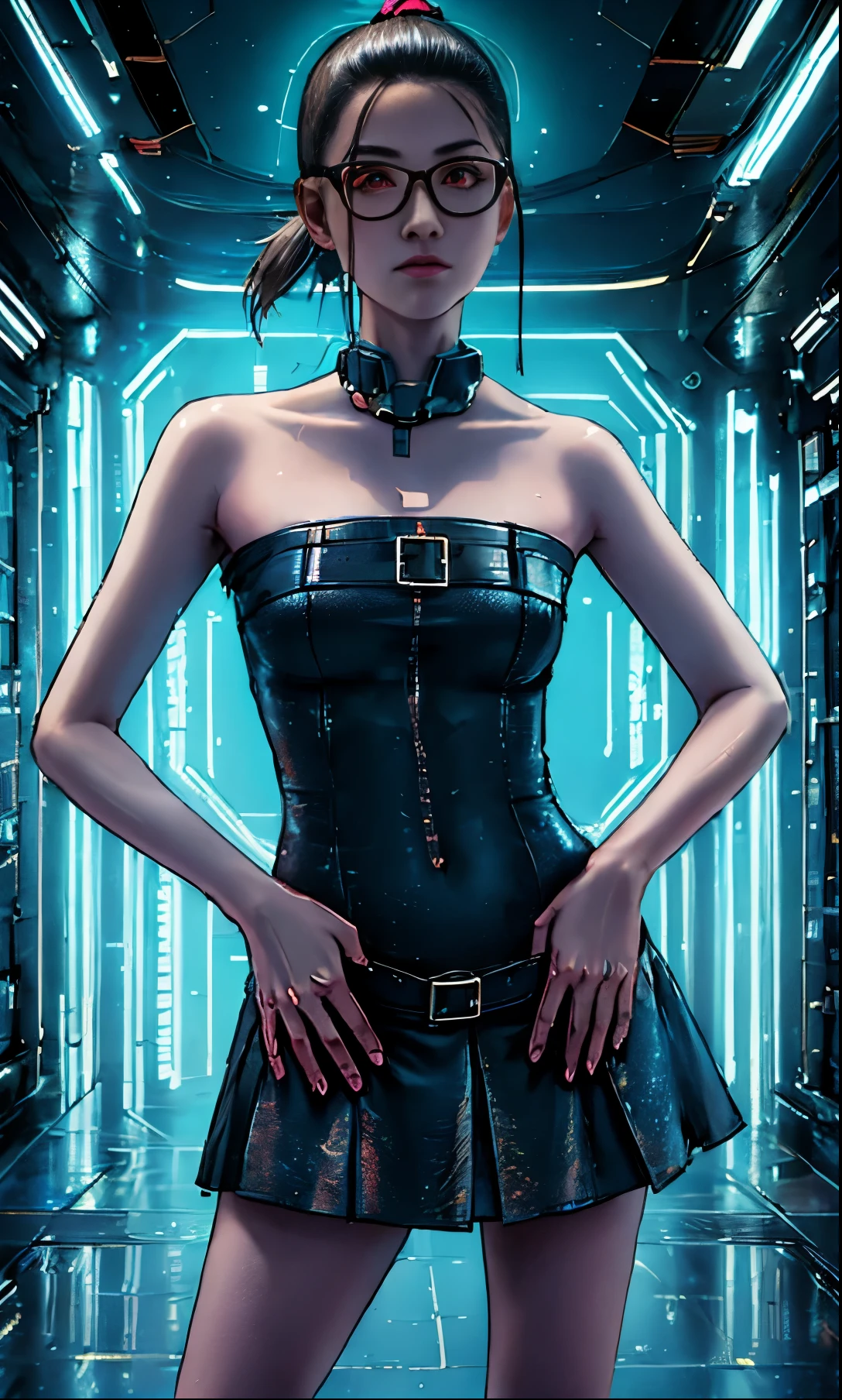 (masterpiece,best quality,ultra detailed),HD,smooth shading,highres,refined details,profesional photograph,high-quality rendering,perfect face,detailed eyes,perfect anatomy,BREAK,beautiful,1girl,red eyes,glasses,short ponytail,slim figure,medium breasts,BREAK,sleeveless,strapless mini dress,cyberpunk dress,neon trim,BREAK,serious expression,neon wall background,cyberpunk,neon lights,science fiction