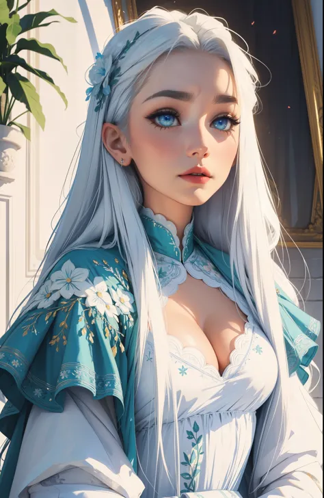 Russian Empire, neon, Fabulous portrait of a fairytale girl, dressed in a pale white simple 19th century silk dress with silver embroidery, face, похожее на face Дейенерис, long white hair, Stunning blue eyes, big breasts, реалистичное face, complex parts,...