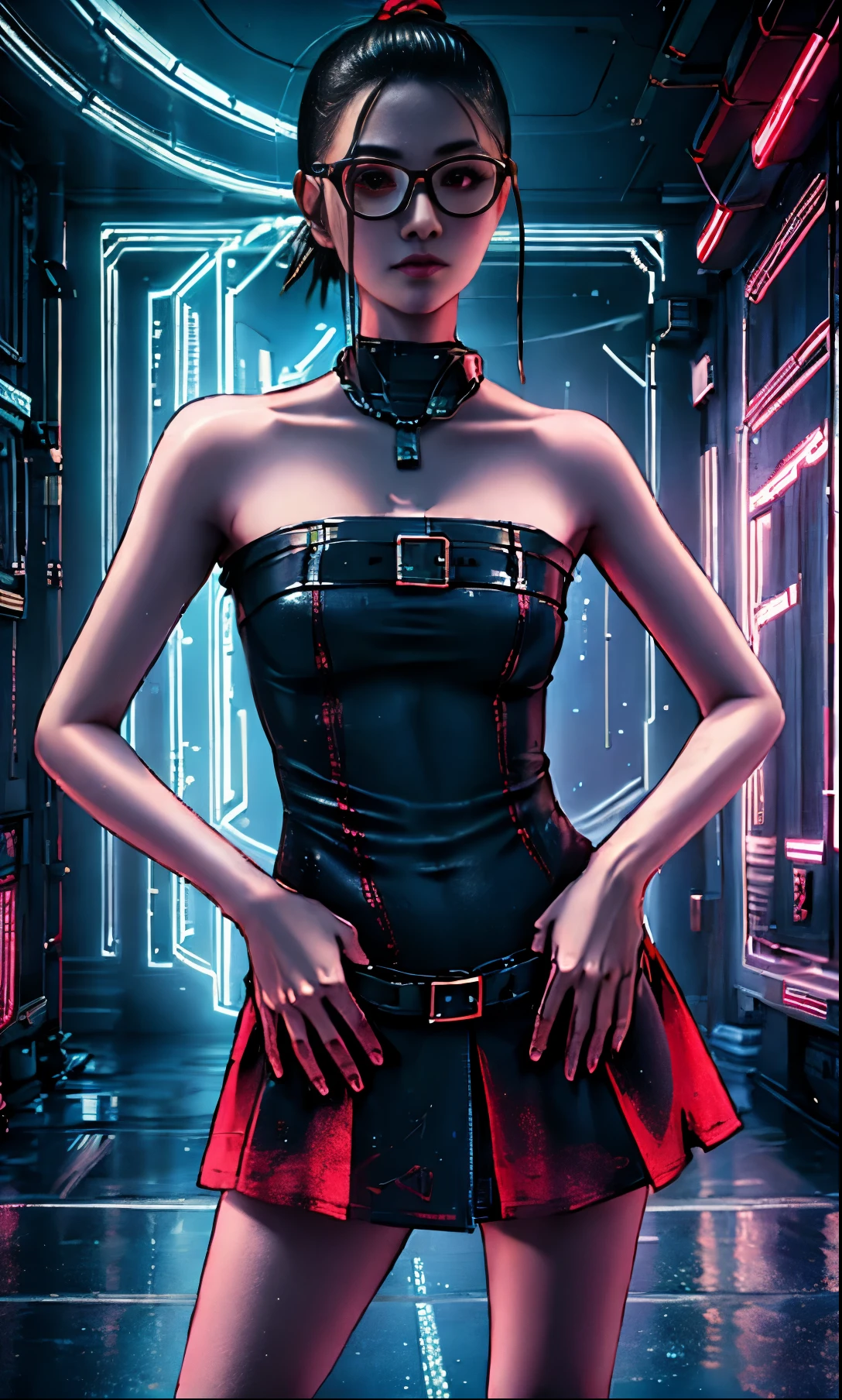 (masterpiece,best quality,ultra detailed),HD,smooth shading,highres,refined details,profesional photograph,high-quality rendering,perfect face,detailed eyes,perfect anatomy,BREAK,beautiful,1girl,red eyes,glasses,short ponytail,slim figure,medium breasts,BREAK,sleeveless,strapless mini dress,cyberpunk dress,neon trim,BREAK,serious expression,neon wall background,cyberpunk,neon lights,science fiction