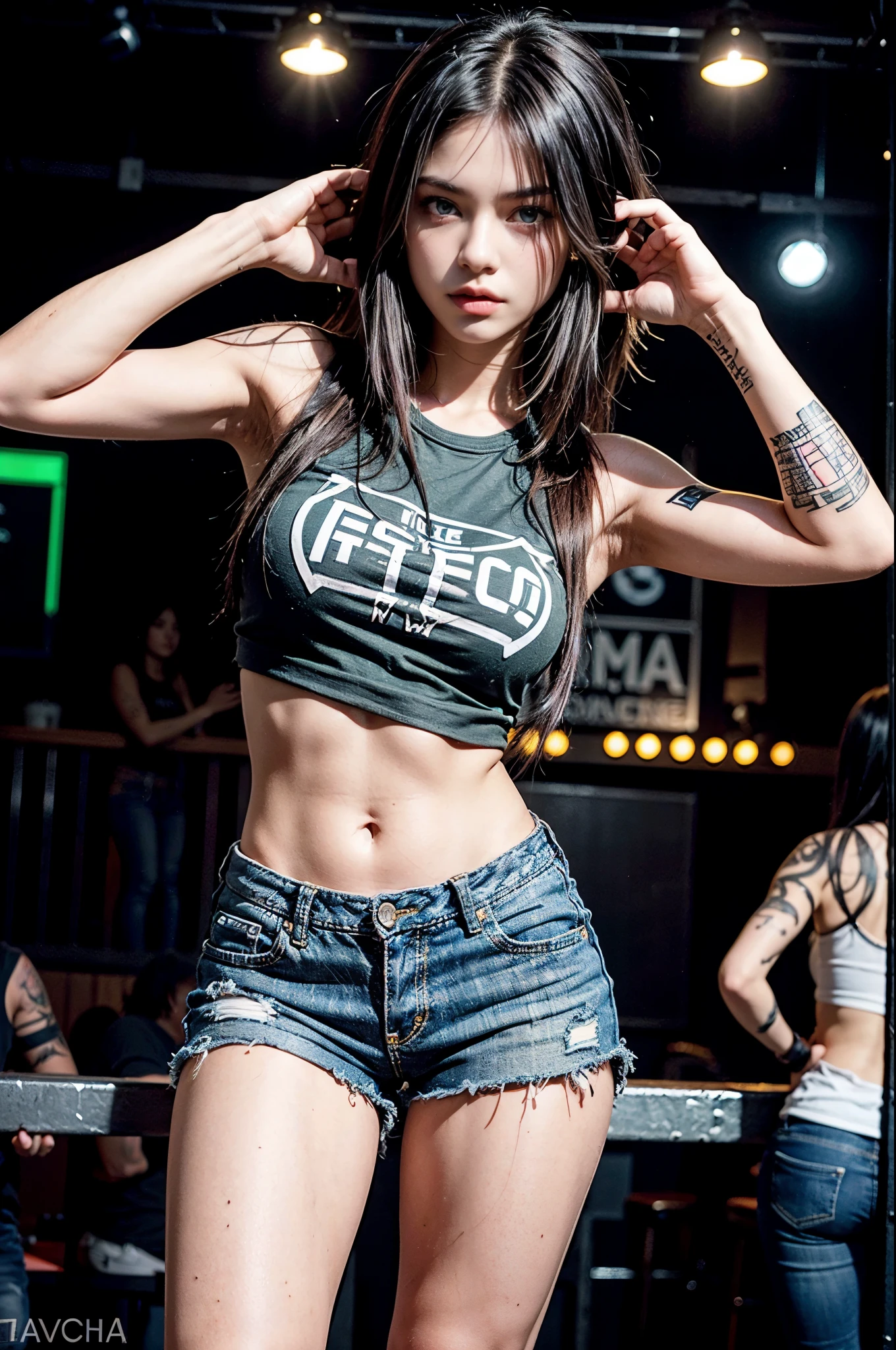 young girl, (16 years old), (perfect face), fit body (covered in tattoos), (style: rocker), (with green eyes color), (full body only), (wearing: black band t-shirt, ripped jean shorts ), (purple, short, straight hair), (medium, rounded breasts), (in the background, rocker style night club).