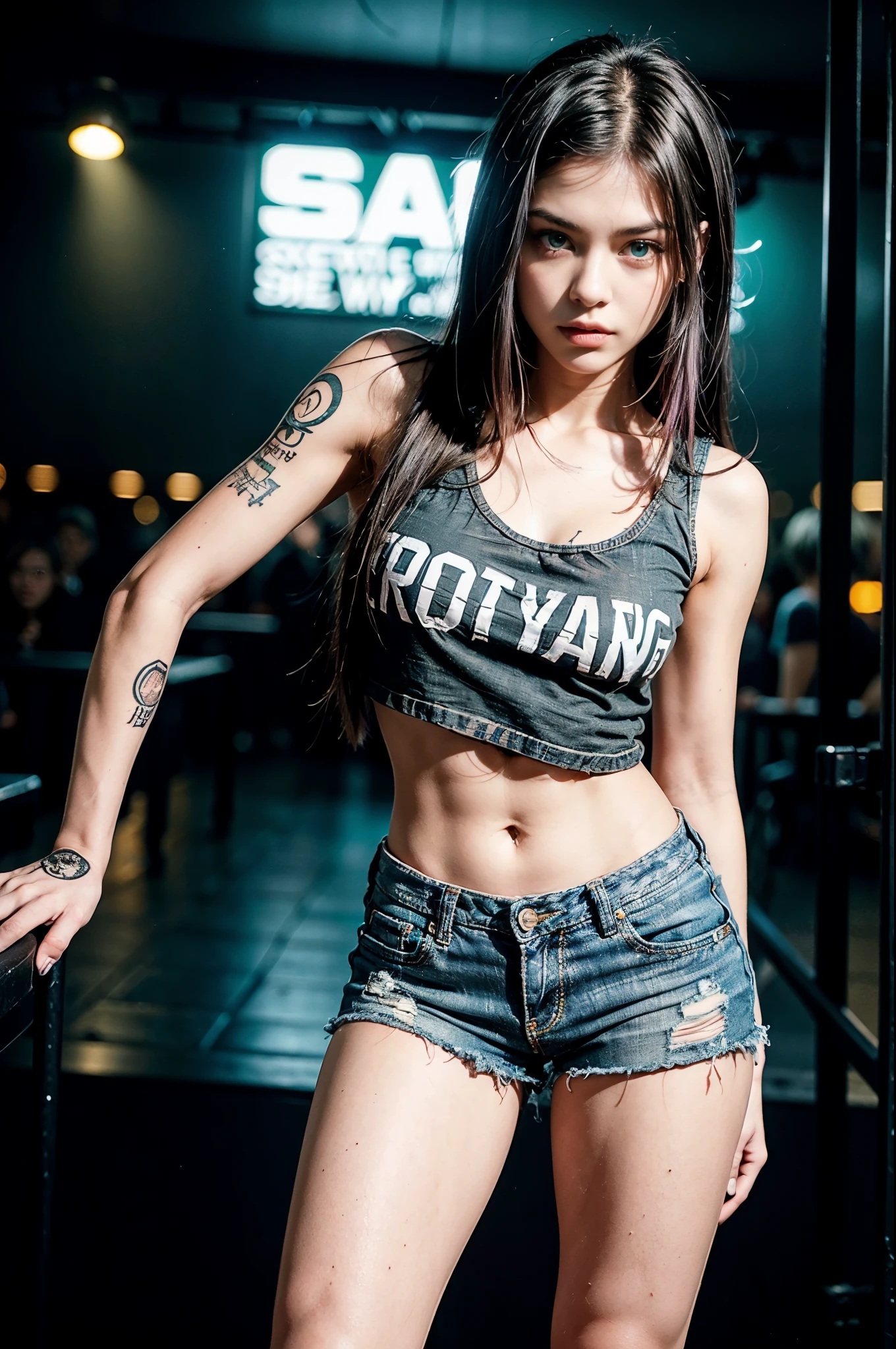 young girl, (16 years old), (perfect face), fit body (covered in tattoos), (style: rocker), (with green eyes color), (full body only), (wearing: black band t-shirt, ripped jean shorts ), (purple, short, straight hair), (medium, rounded breasts), (in the background, rocker style night club).