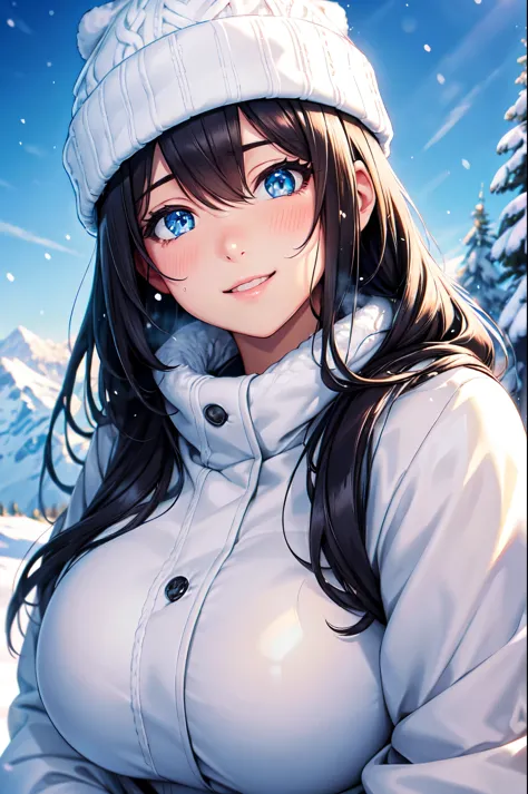 (High quality, High resolution, Fine details), Realistic, Snowy Mountains, clear weather, knitted hat, BREAK winter clothes, down jackets, solo, curvy women, sparkling eyes, (Detailed eyes:1.2), smile, blush, (hot breath:1.2), Sweat, Oily skin, shallow dep...