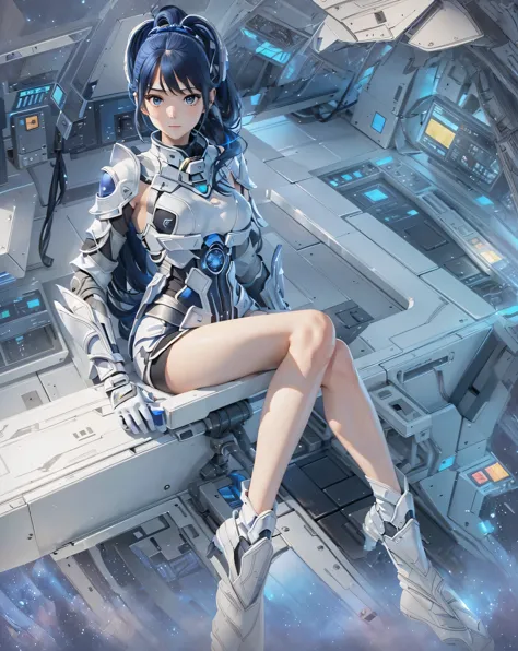 (masterpiece、highest quality、highest resolution、clear_image、detailed details、Angle from above): (full body figure、one 18 year old girl、Japanese faces、small face、high knotted ponytail、(Hidden little:1.3)、dark blue hair girl、sparkling blue eyes、pilot suit in...