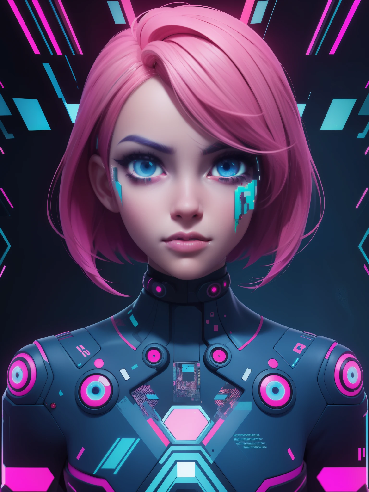 solo, 1girl, ((portrait)), (electric pink hair), (electric blue eyes), ((Cyber punk outfit)), (symmetrical eyes), (Perfect face), (Perfect Anatomy), (looking at viewer), (cyber shot), ((Glitch Art background)), (glitch art:1.6) ((glitch effect)), (8k), (HD), (Cinematography)