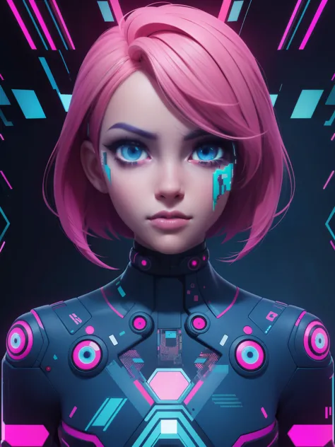 solo, 1girl, ((portrait)), (electric pink hair), (electric blue eyes), ((Cyber punk outfit)), (symmetrical eyes), (Perfect face)...