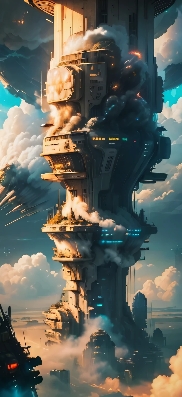 (Science-Fiction-Kunst:1.5), postapokalyptische Science-Fiction-Welt, (eine fliegende Stadt:1.7), darauf befindet sich ein weißes fliegendes Schloss, (huge mechanisms spew Rauchwolken:1.3), Panoramablick, Rauchwolken, Sturmwolken, (Meisterwerk), (lebendige Farben:1.6)